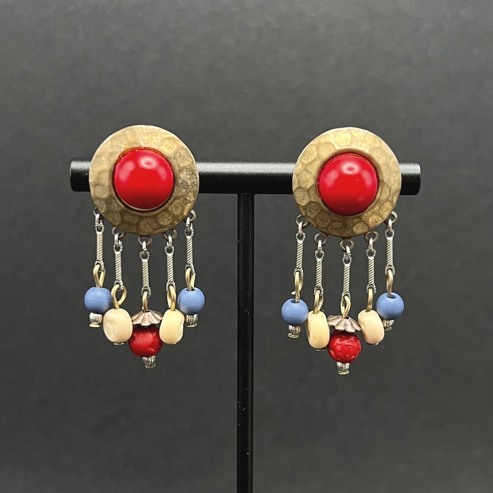 Vintage Boho Earrings Earrings Hammered Brass Red Blue White Beaded